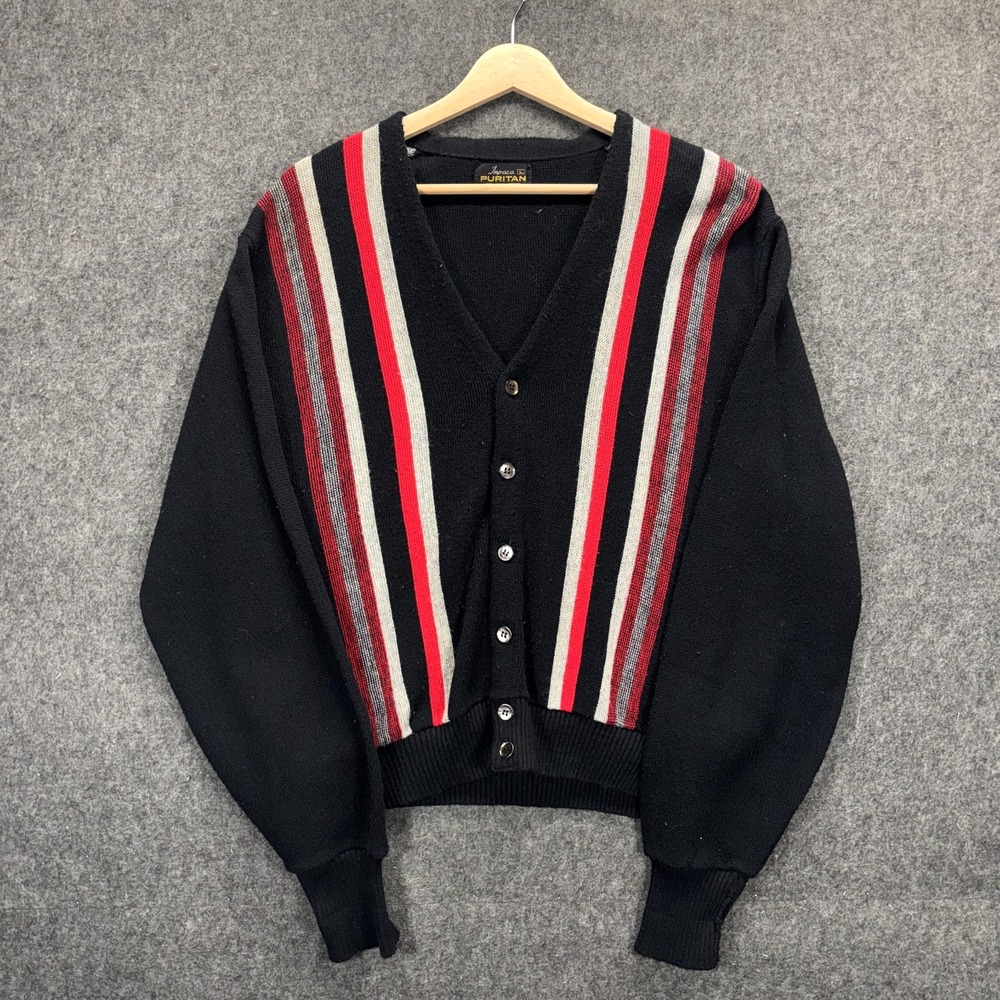 Vintage 50s 60s Cardigan Sweater Mens Large Black Red Orlon Acrylic Puritan USA